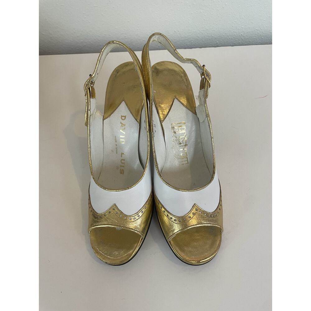 Vintage David Luis 1970's Gold & White Saddle Style Sling back Heels 6B